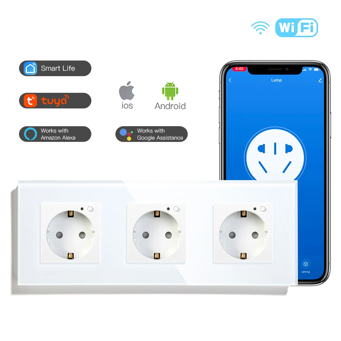 

Wifi Triple Socket EU UK Standard Energy Monitoring Wall Plug White Black Grey Gold Crystal Glass Panel Timer Function