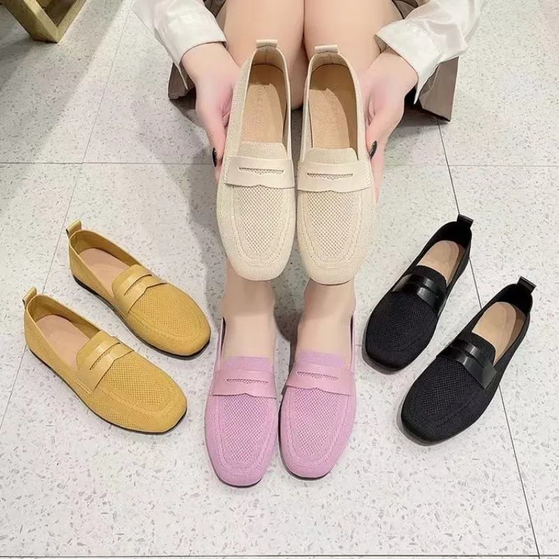 

Casual Knitted Moccasins Woman Spring New Pink Loafers Ladies Wide Fit Fashion Slip-on Breathable Elastic Flat Shoes Light Soft