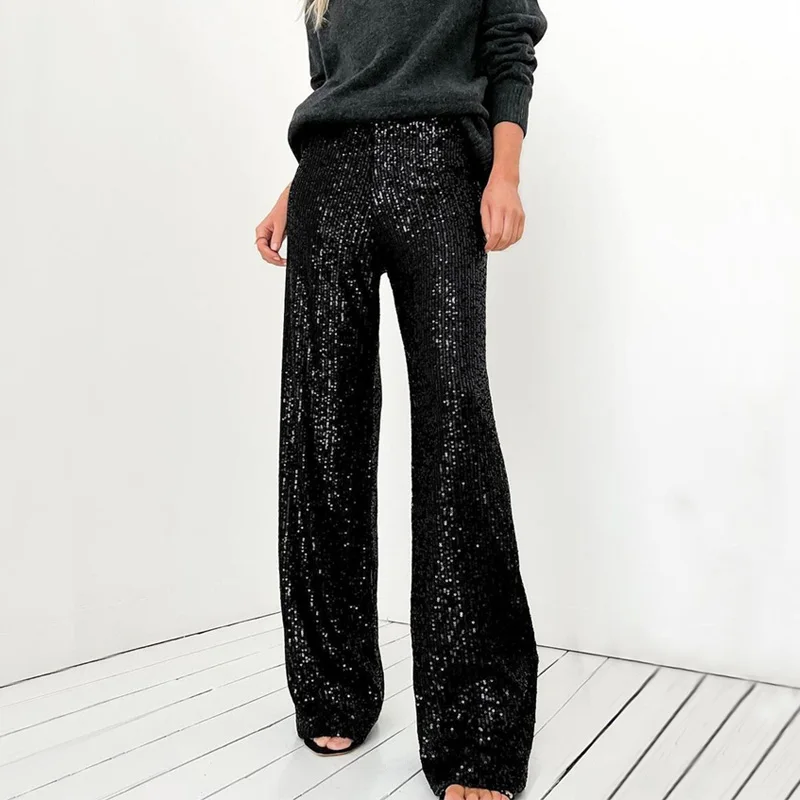 

New Trendy Sequin Pants for Women Elegant Shiny Party Full Pant Office Lady Casual Loose Straight Trousers