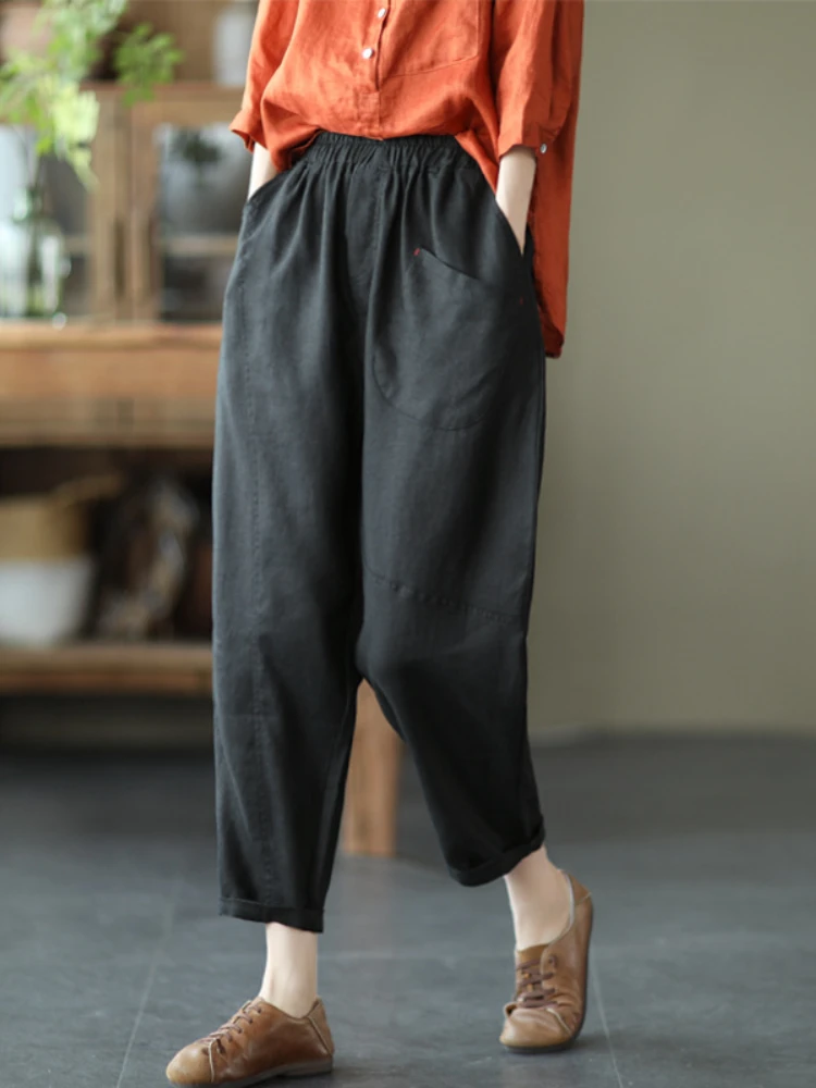 2022 Summer Cotton and Linen Thin Women&s Pants Elastic Waist Thin Stitching Harem Pants Solid Color Casual Nine-poi