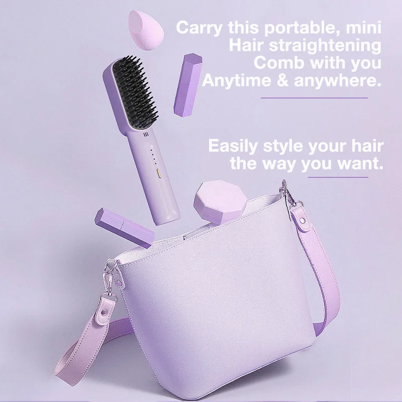 Portable Cordless Mini Hair Straightening Comb with Negative Ions, USB Rechargeable, Anti-Scald for All Hair Types.