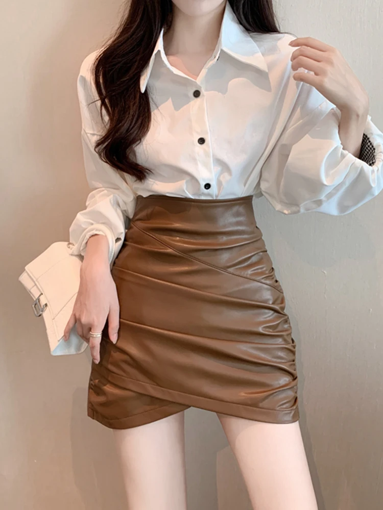 leather skirt Ailegogo New Spring Women Pu Faux Leather Mini Skirts High Waist Elegant Female Pencil Slim Skirt Office Lady Black Bottoms wrap skirt