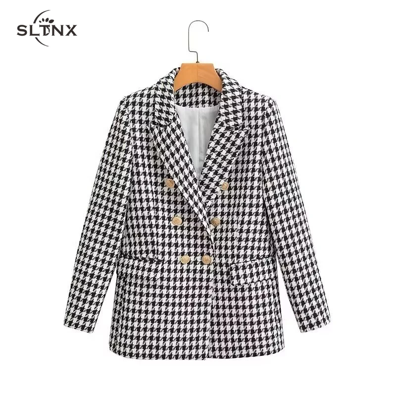 

SLTNX Fashion Houndstooth Women's Blazers Coats Female Chic Double-breasted with Pockets Blazer Suits Ladies Elegant Jackets