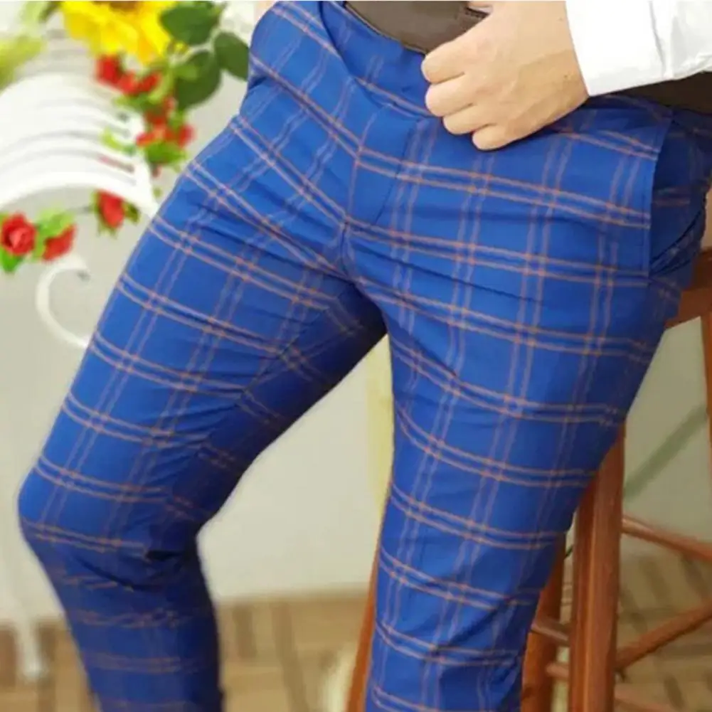 Mens Chinos Pants Slim Plaid Check Pants Male Trousers Mens Casual Pant