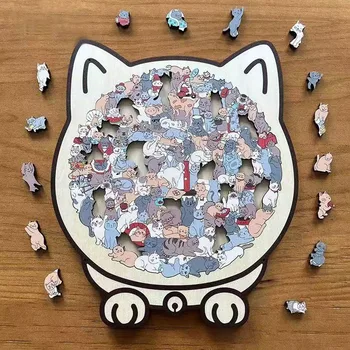 135pcs Cat-shaped Wooden Jigsaw Puzzle Unique Irregular Puzzle Pieces Game Birthday Xmas Gifts for Cat Lovers Home Decorations
