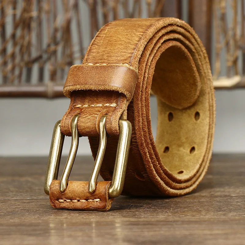 

Plyesxale Double Tongue Pin Buckle Belts For Men 2023 Luxury Retro Mens Genuine Leather Belts High Quality Casual Jeans Belt B21