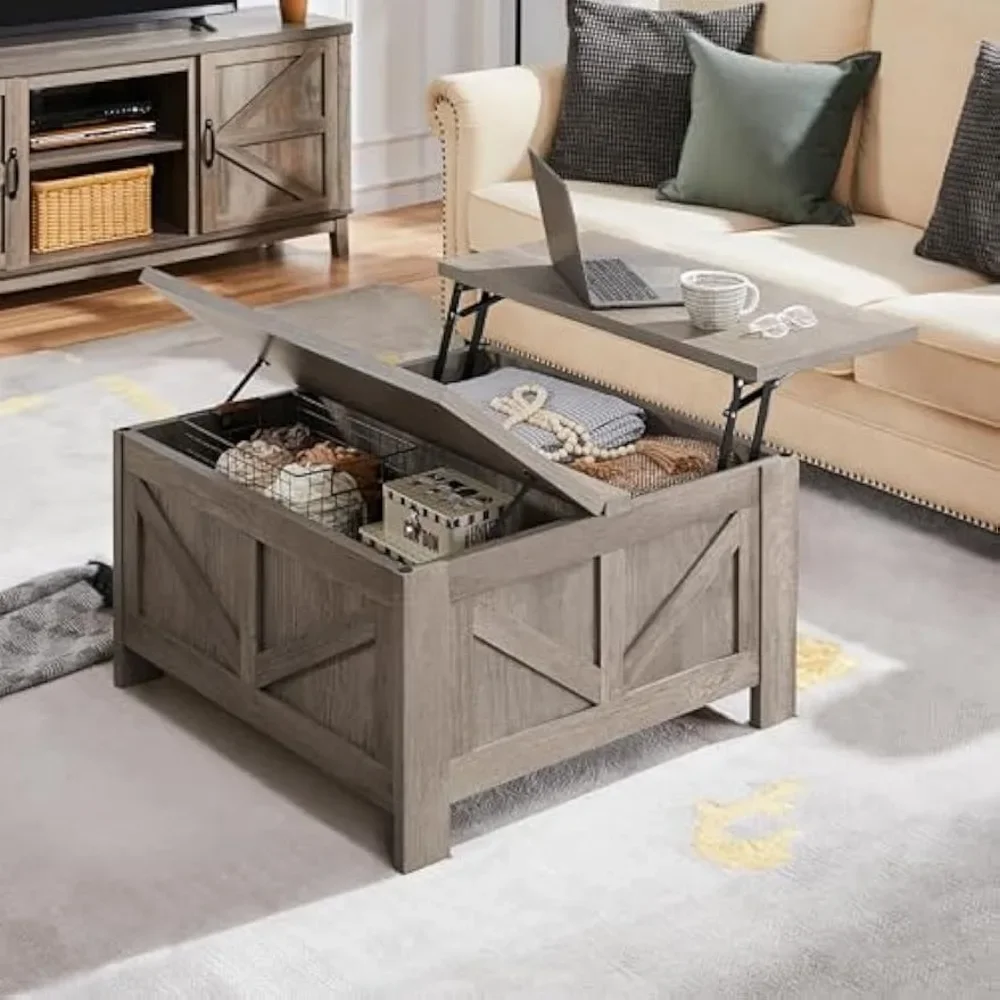 Lift Top Coffee Table, Square Farmhouse Coffee Table with Hidden Storage Compartment, Wood Center Table for Living Room, Gray 6
