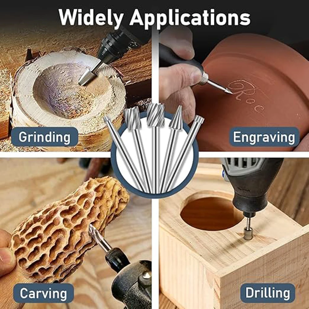 6pcs High Speed Steel Rotary Files Burrs Wood Milling Rotary File Burr Set for DIY Woodworking Carving Engraving Drilling