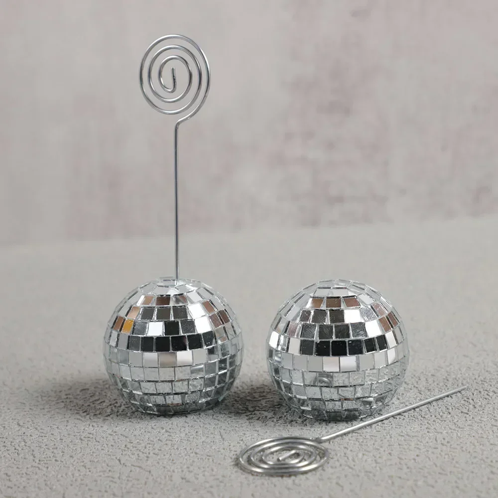 Creative Mirror Ball Card Holder Message Table Name Number Card Clips for 70s Disco Theme Wedding Birthday Party Decoration