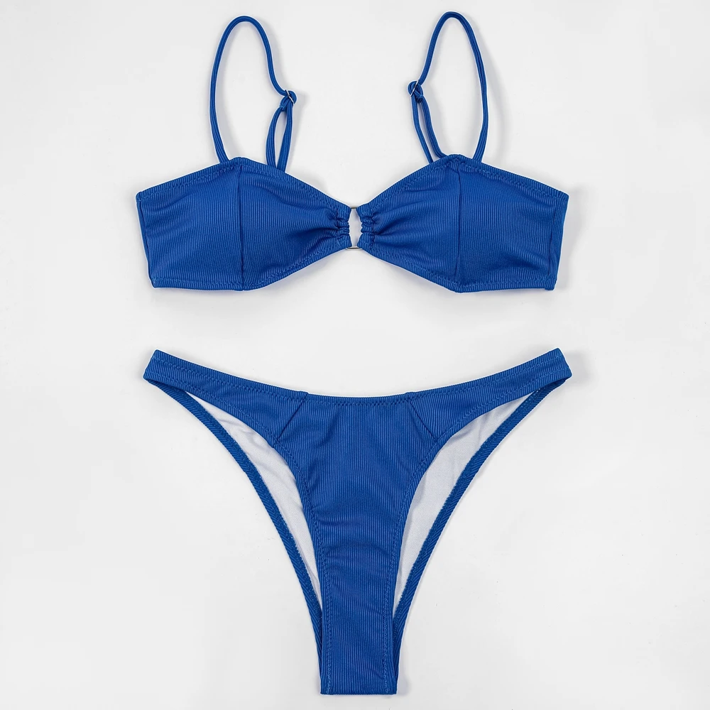 

ZTVitality Blue Ribbed Sexy Women Swimsuit 2022 New Arrival Padded Bra Push Up Bikini Summer Swimwear Rhombus Brazilian Biquini