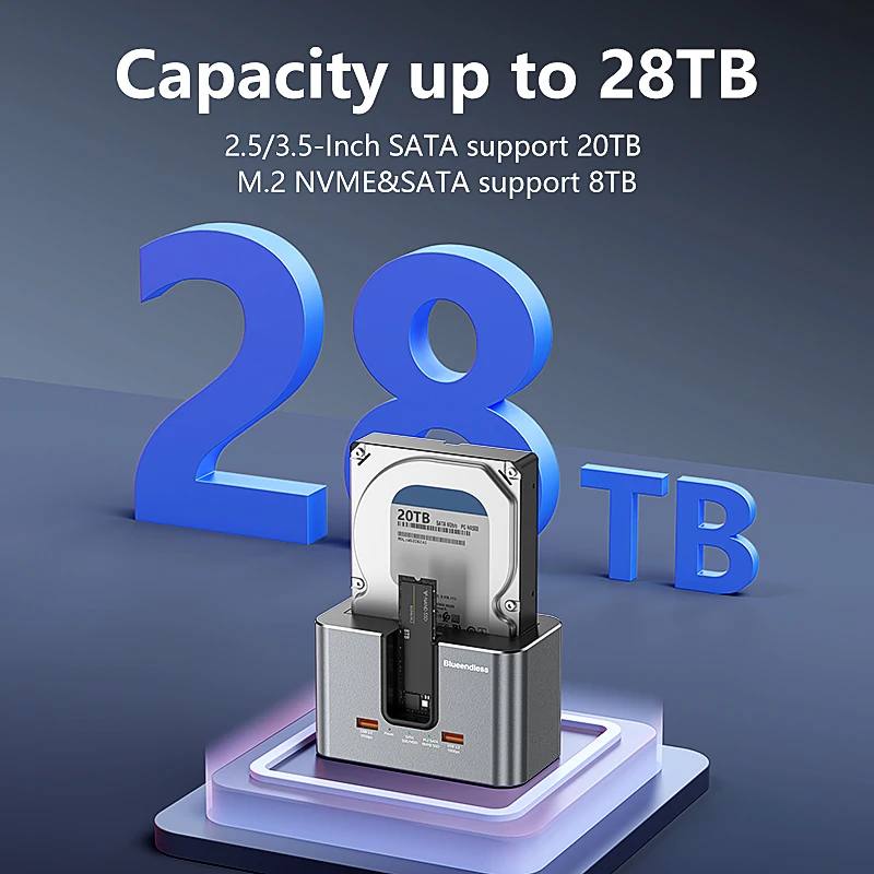 블루엔들리스 SSD HDD 도킹 스테이션 (멀티 M.2 PCIE NVME & m2 SATA & 2.5/3.5 SATA SSD/HDD 지원, USB3.2 허브 포함 HDD/SSD 인클로저)