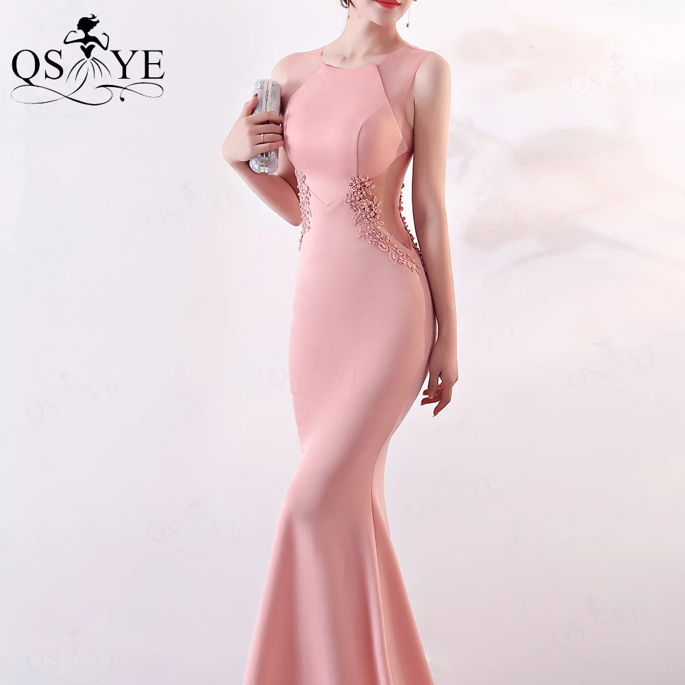 Pink Bridesmaid Dresses Illusion Waist Beaded Applique Lace Evening Prom Gown Sleeveless Long Fit Satin Formal Party Gown chic bridesmaid dresses