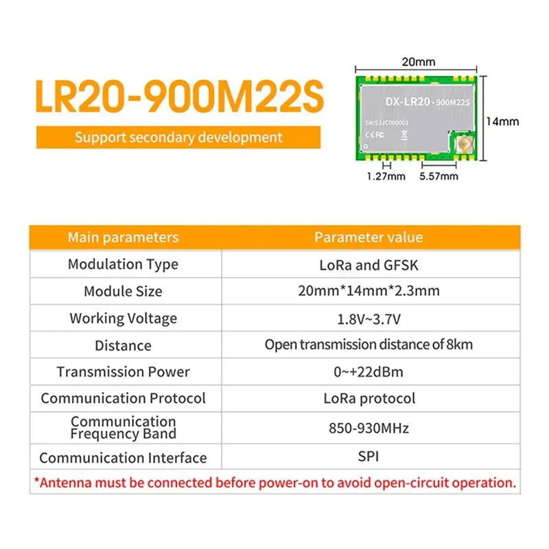 무선 모듈 통신 전송 SPI 보조 개발 UART Lora 스프레드 스펙트럼 기술 LR20 900M22S