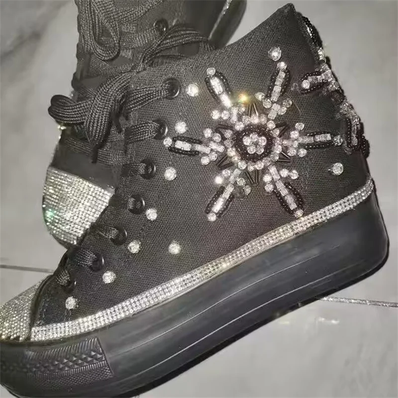 

High top strap thick bottom waterproof table hand custom canvas shoes rhinestone flower casual shoes women 35-40