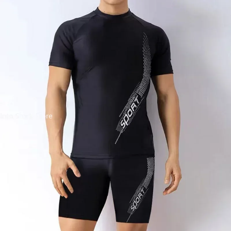 Men Swimsuit O-Neck Short Sleeve Mid-rise Swimming Suit Printing Slim Fit T-shirt Swimming Trucks Set Beachwear 4