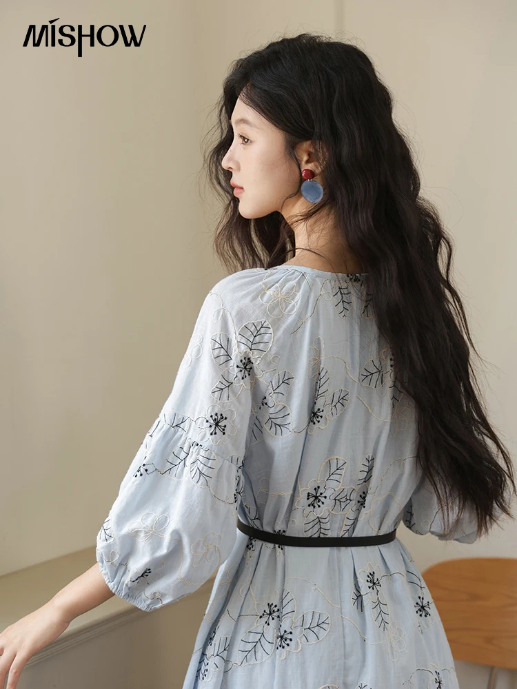 MISHOW Blue Flower Embroidered Dress 2025 Autumn Seven Cent Lantern Sleeve  Tassel Tie Rope V-neck Dresses with Belt MXE42L2493 - AliExpress 200000345