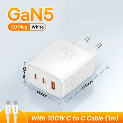 Baseus 65W GaN Portable Fast Charger - Type C USB with PD & QC Support - White EU With Cable