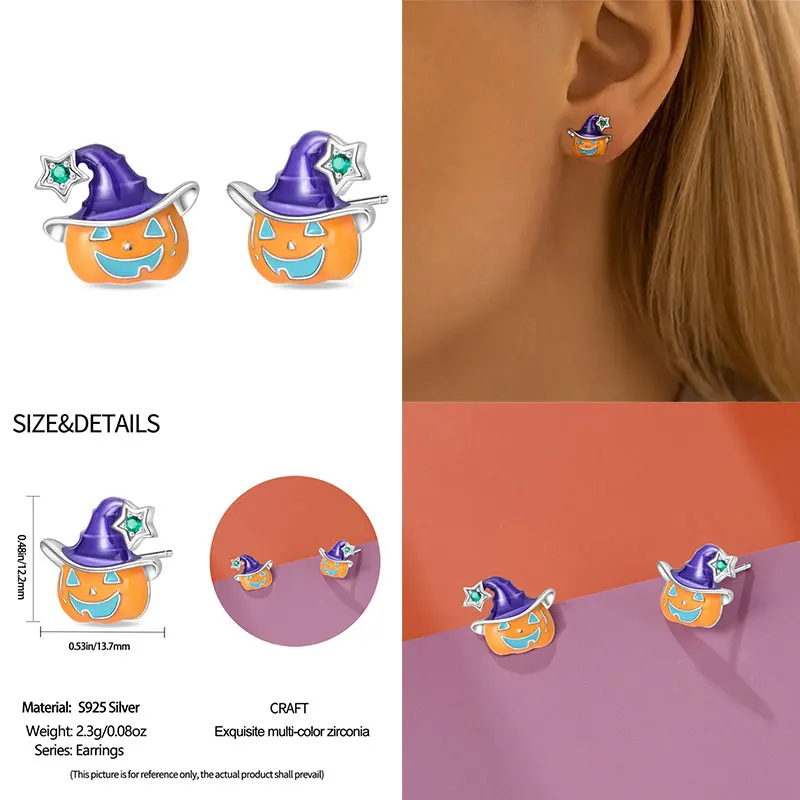 Autumn Series 925 Silver Halloween Pumpkin Skull Dark Bat Women Earrings DIY Jewelry Making For Women Gift