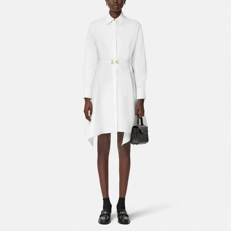 

Women's Irregular Shirt Dress, Metal Button Tie Waist Dress, Fashionable and Slim, High Quality Cotton, Y2K,2024, Summer, New