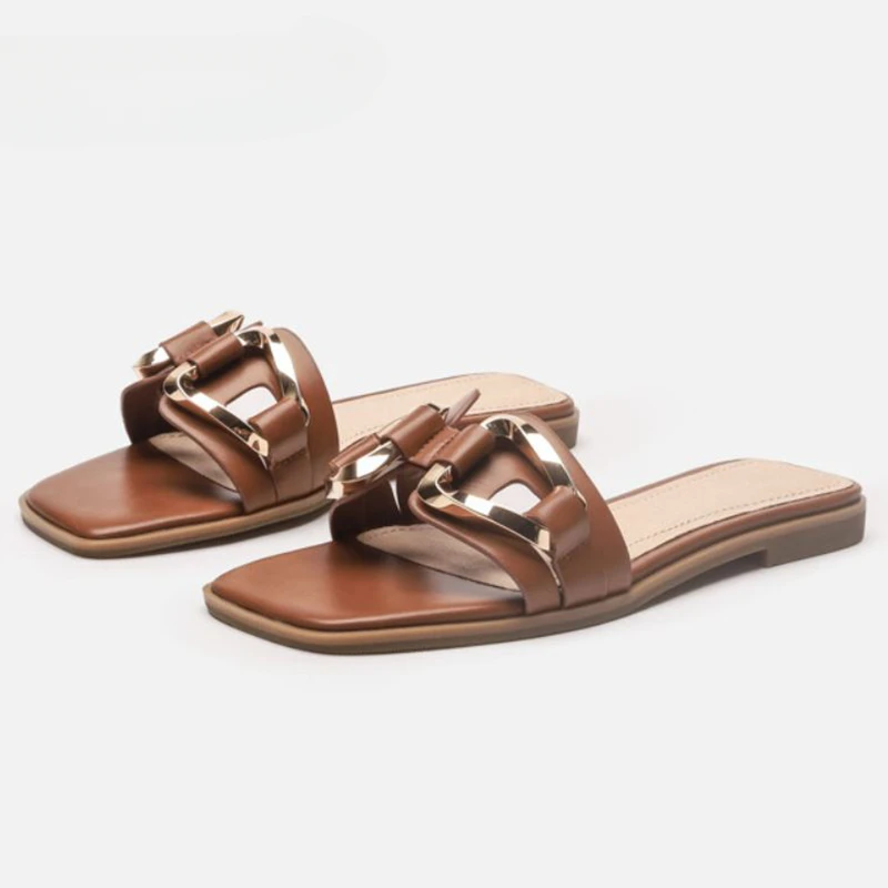 

Size 35-41 2023 Womens Slippers Leather Flats Sandals Woman Flat Shoes Lady Outside Comfort Home Slides Mainland China
