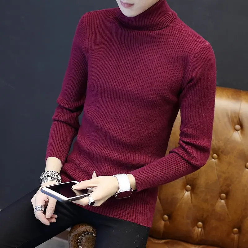 

Basic Men Sweaters Solid Color Turtleneck Long Sleeve Knitted Male Pullover Winter Fashion New Warm Sweaters For Men Q377