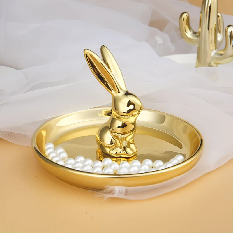 Gold Rabbit Jewelry Plate Ceramic Display Stand Jewelry Storage Plate Ring Necklace Holder Home Animal Storage Box Home Ornament 3