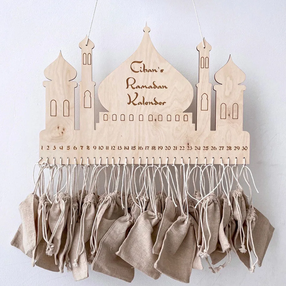 Ramadans Castle Burlap Bag Pendant Wooden Countdown Calendar with Bags Wall Tabletop Home Decor Mubarak Islam Advent Gifts