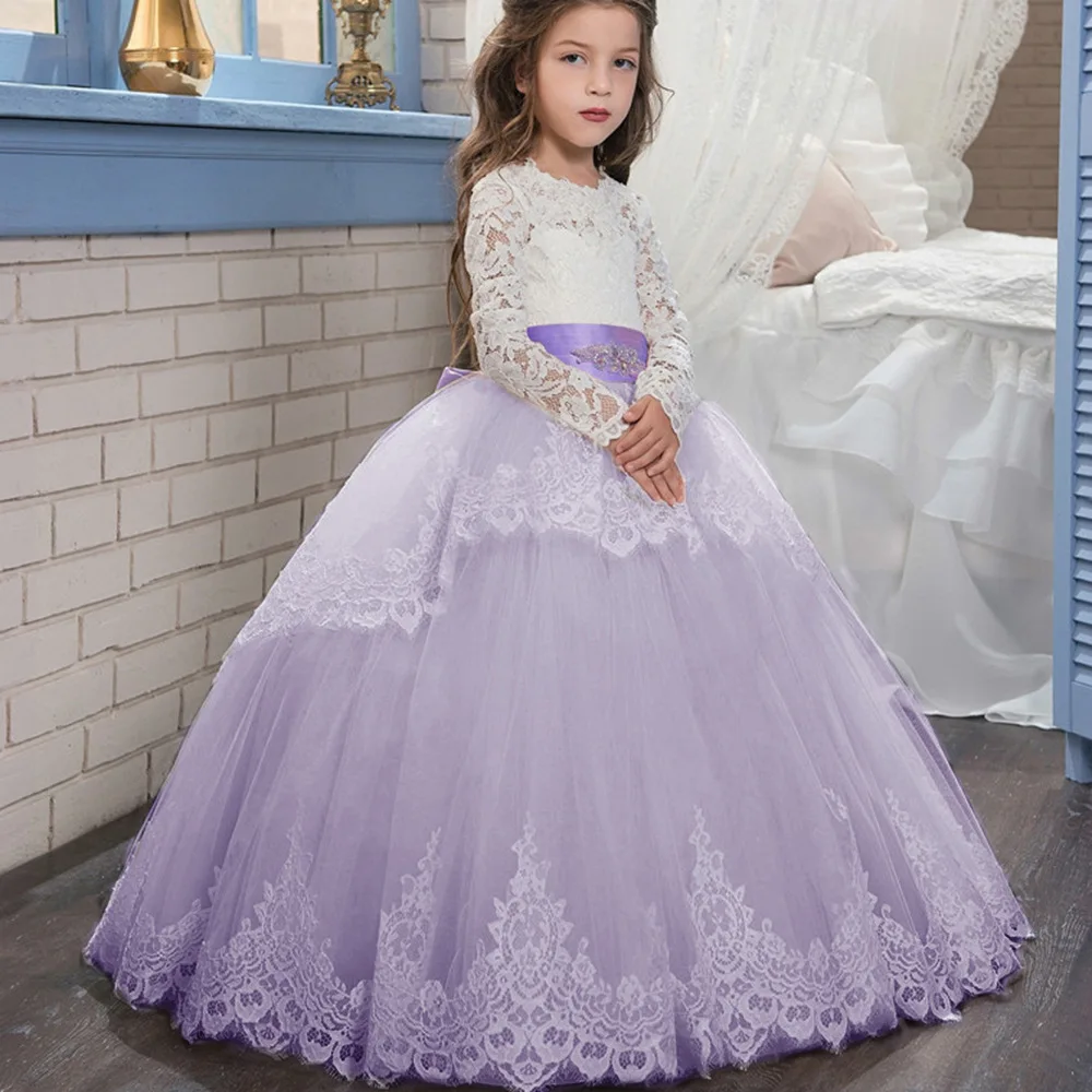 

Lavender Flower Girl Dresses For Weddings Ball Gown Long Sleeves Tulle Lace Bow Tutu Long First Communion Dresses Little Girl