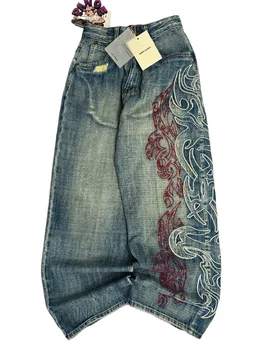 American New Pattern Embroidery Baggy Jeans Men High Street Vintage Hip Hop Fashion Wide-leg Pants 1