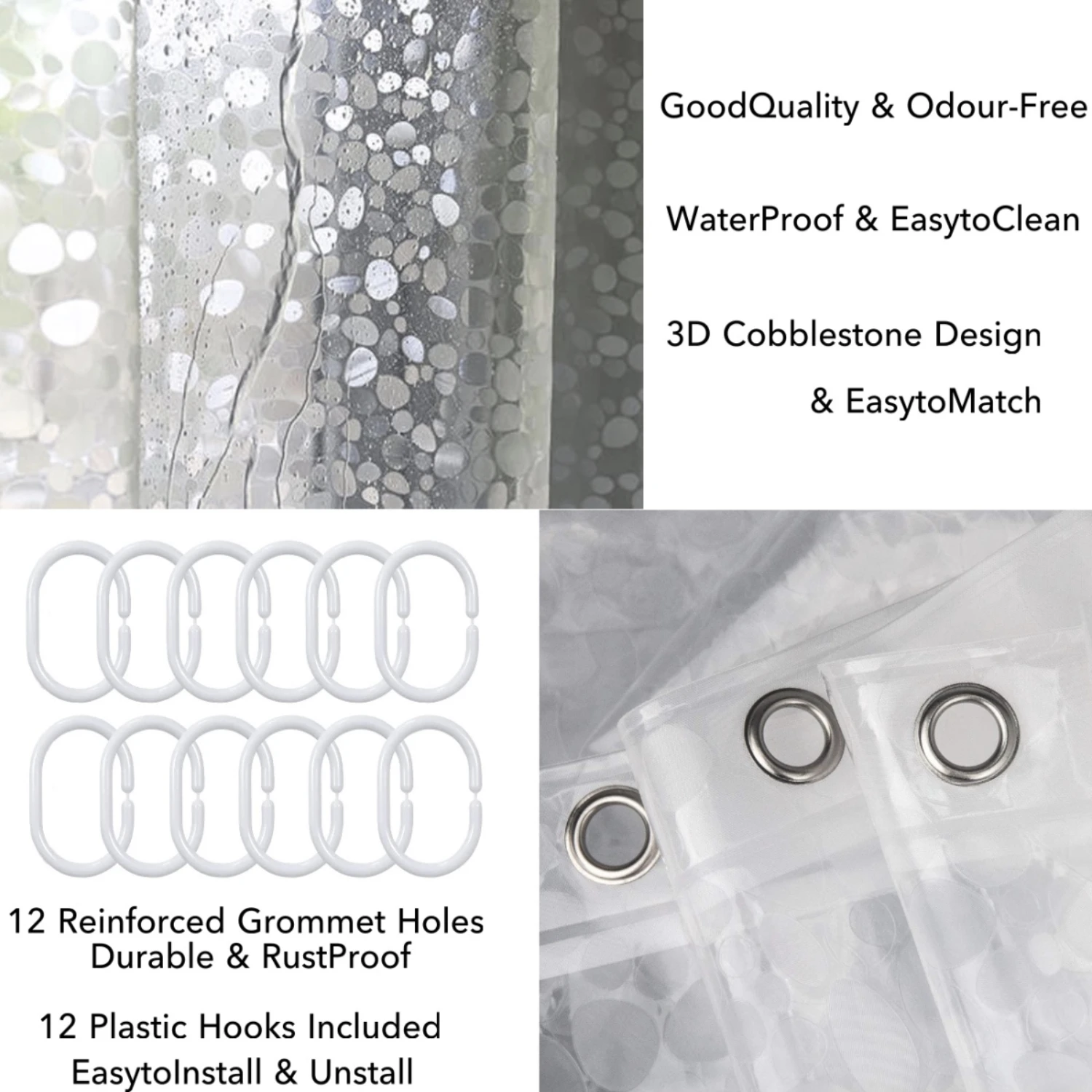1pc Pebble Clear Shower Curtain Liner, 71" X 71", PEVA 3D Plastic Shower Liner With Rustproof Metal Grommets And Weighted Magnet