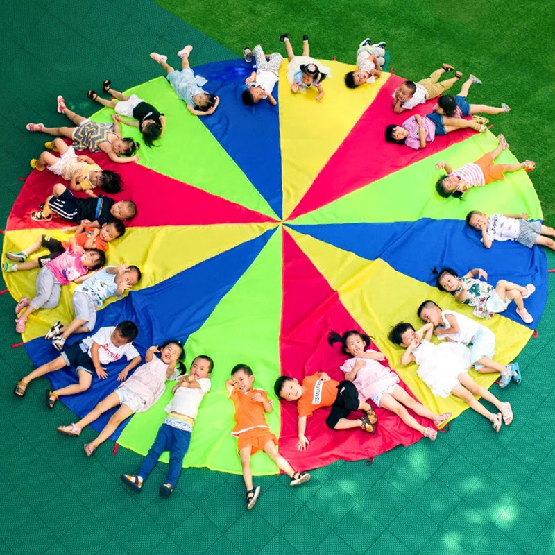 

2M/6M Diameter Kids Outdoor Teamwork Game Prop Rainbow Parachute Toys Jump Bag Bounce Play Mat School Activity Puzzle Game