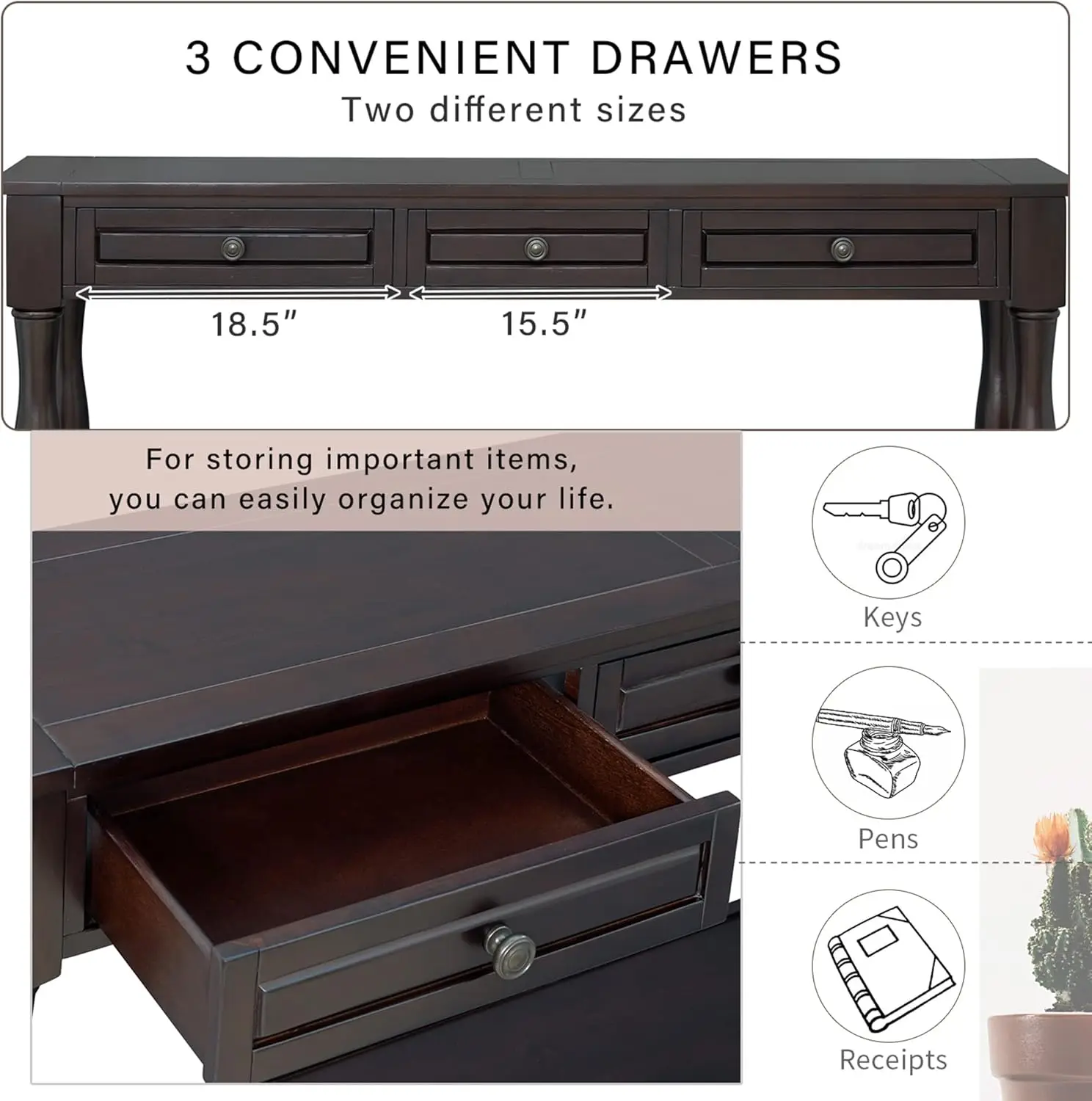 Console Table for Entryway Wood Sofa Table Storage Drawers Bottom Shelf for Hallway Living Room