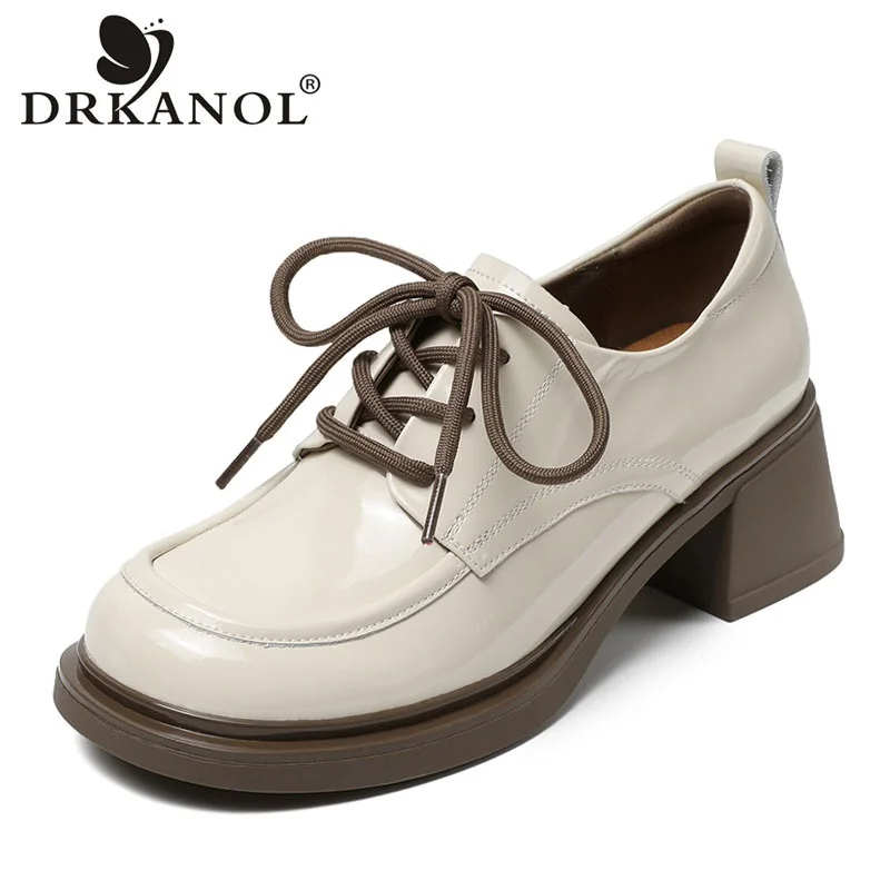 

DRKANOL 2024 British Style Spring Shoes Women Pumps Round Toe Lace-Up Cow Patent Leather Thick High Heel Casual Shoes Footwear