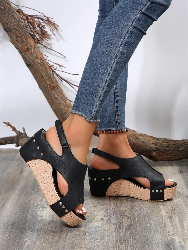 Summer Footwear Black Platform Wedge Sandals for Women Rubber Sole Buckle Peep Toe Elegant Woman's Shoes Sandalias Large Size 43