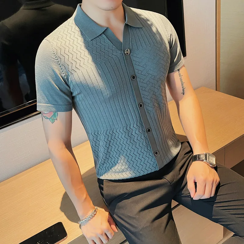 2023 Summer Men Short Sleeve Polo Plaid Contrast Color Lapel Top Korean  Slim Knit Men Polo High Quality Tee Shirt Camisa Hombre - AliExpress