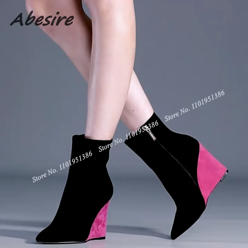 

Abesire Pink Wedges High Heel Suede Boots Black Side Zipper Shoes for Women Solid New Ankle Botas Fashion Runway Shoes on Heels