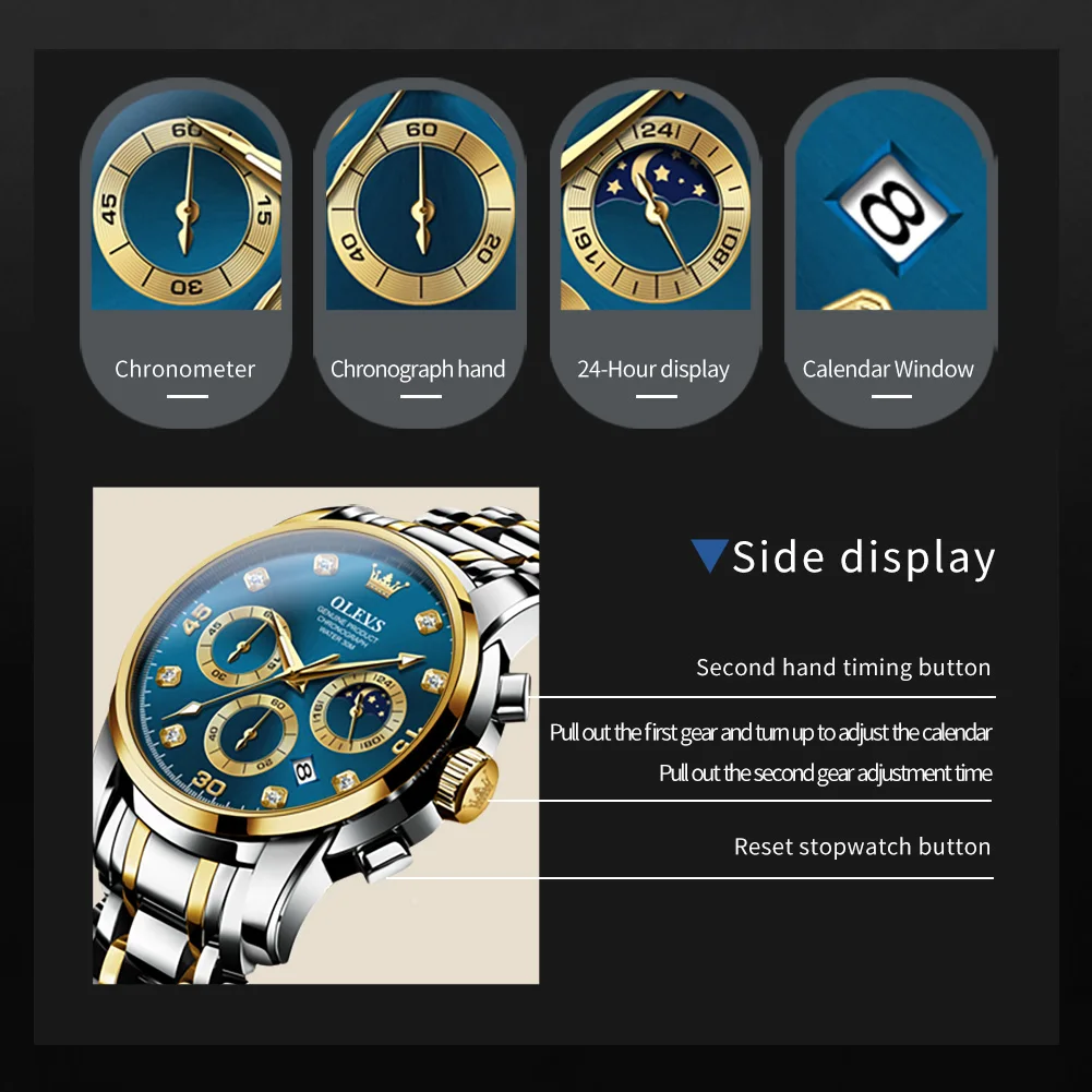 OLEVS 2889 Original Quartz Watch for Men Moon Phase Chronograph Business Man Watch Stainless Steel Waterproof Luxury Wristwatch