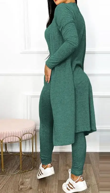 Jumpsuit Women Fashion 2203 Autumn Two Piece U-Neck Sleeveless Drawstring Pocket Design Jumpsuit Suit Set & Long Sleeve Coat Set