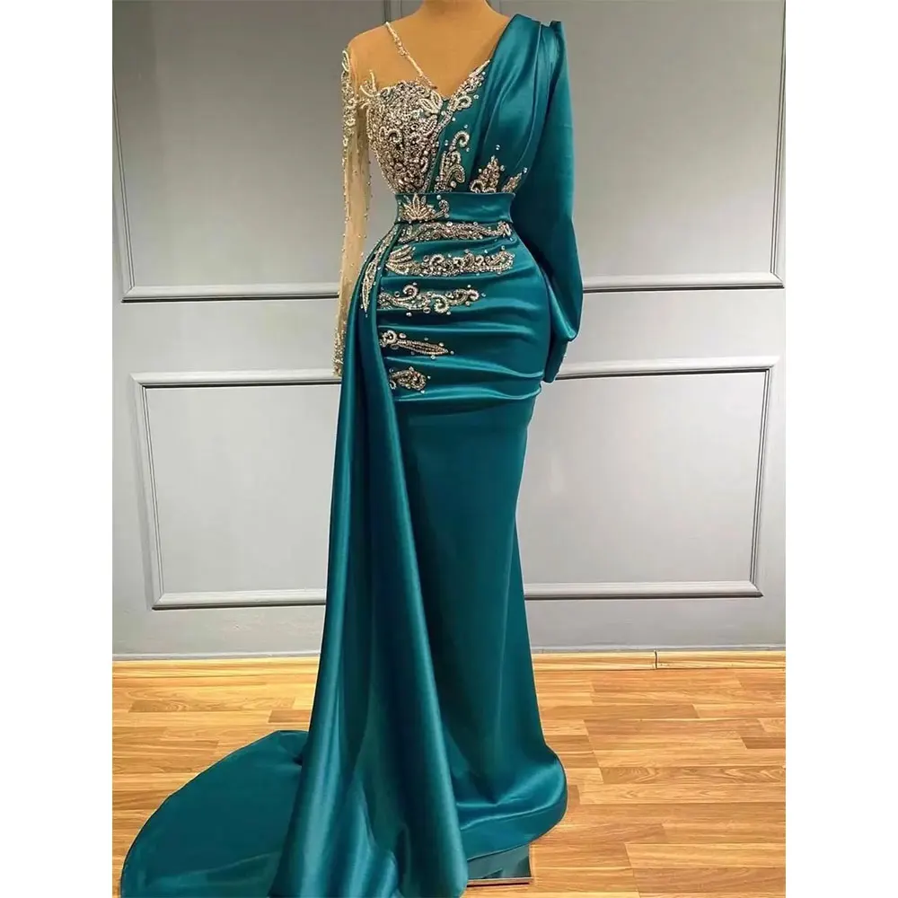 

Emerald Green Muslim Evening Dresses for Muslim Long Sleeves Crystal Beaded Stain Turkey Arabic Dubai Ruched Mermaid Prom Gowns