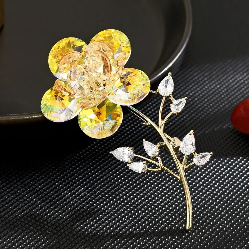 1 Piece Crystal Flower Brooch for Women High Quality Metal Copper Brooches Women's Clothing Decoration Corsage Wholesale