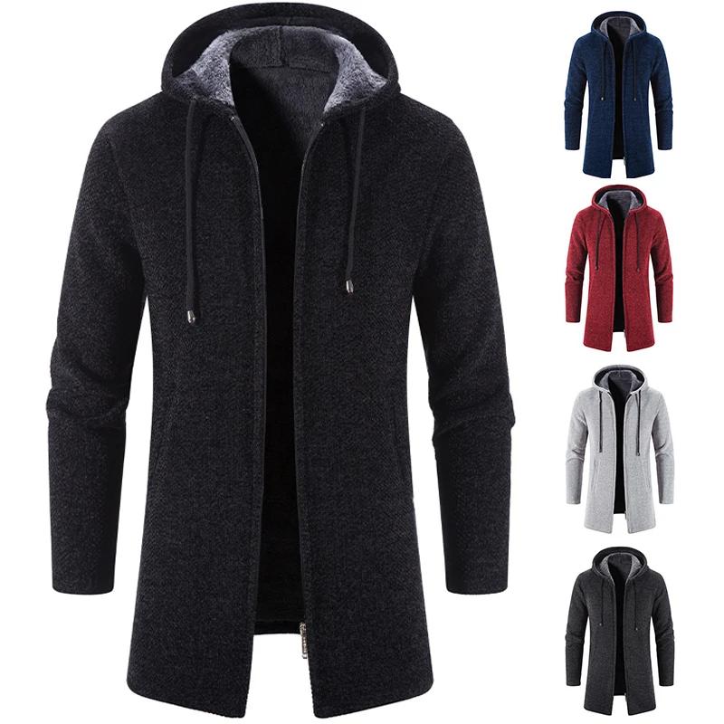 

Male Medium Long Coat Autumn Winter Warm Sweater Overcoat Men's Thick Fleece Hooded Cardigan Trend Fashion Handsome Parka
