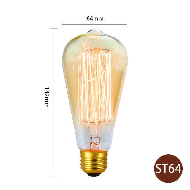 Retro Edison Light Bulb E27 220V 40W A19 A60 T10 T45 T185 ST64 G80 G95 Filament Vintage Ampoule Incandescent Bulb Edison Lamp ST64 filament