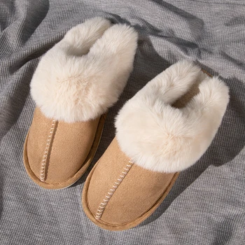 Women's Plush Warm Home Flat Shoes Soft And Comfortable Autumn Winter Cotton Shoes Indoor Plush Couple Slippers 1