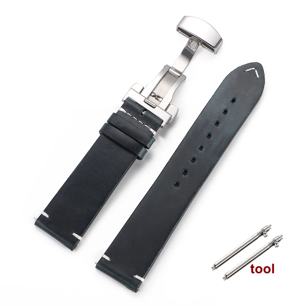 Vintage Oil Wax Genuine Leather Watchband with Quick Release Butterfly Buckle