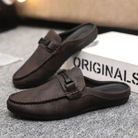 Summer Men Leather Half Slippers Comfortable Mens Loafers Breathable Casual Shoes Slip on Lazy Shoes Comfortable Walking Shoes