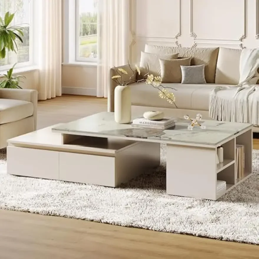 Extendable Tabletop Coffee Table , Modern from 51-Inch to 71-Inch Center Table for Living Room, Faux Marble Veneer 2