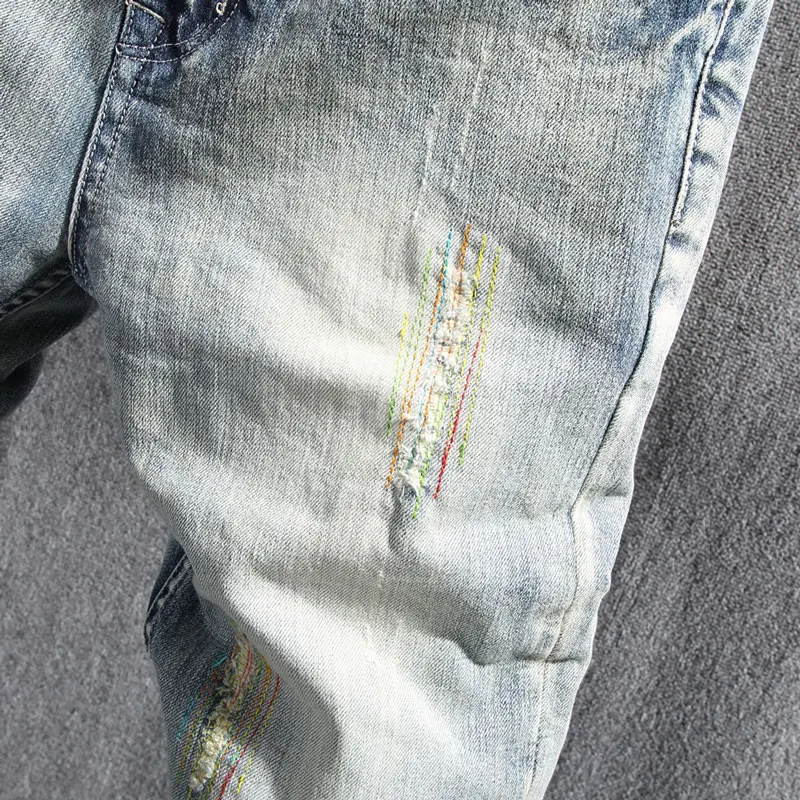 Fashion Designer Men Jeans Retro Light Blue Stretch Slim Fit Ripped Jeans Men Korean Style Embroidery Vintage Casual Denim Pants
