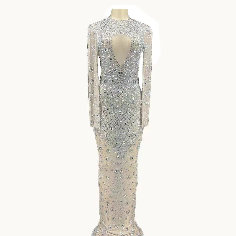 

Rhinestone Women Sexy Silver Crystals Transparent Long Dress Evening Birthday Mesh Stretch