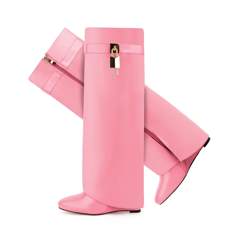 Knee-length Zipper Boots for Women, Thick Soles Shoes, Shark Lock, High Heels, Designer Fashion Brand, New