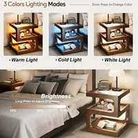 Solid Wood Nightstand with LED Light, Modern 3 Tier Bedside Table with Open Storage, Small Side Table for Bedroom, Customized 4